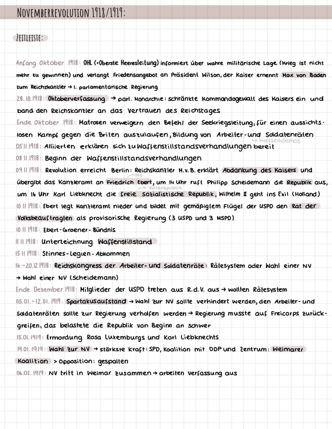 NOVEMBERREVOLUTION 1918/1919:
ZEITLEISTE:
Anfang Oktober 1918: OHL (-Oberste Heeresleitung) informiert über wahre militärische Lage (Krieg i