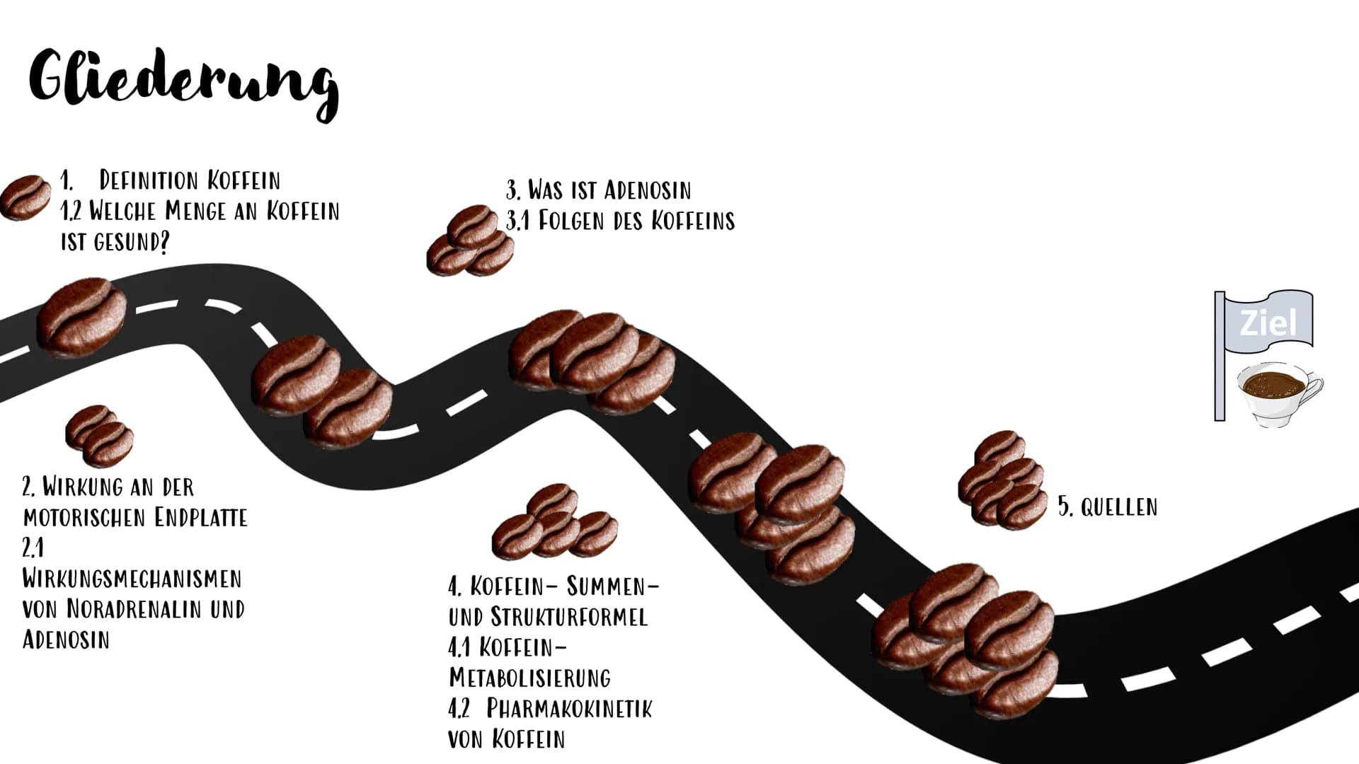 Koffein
H3C
CH
CH3 Gliederung
1. DEFINITION KOFFEIN
1.2 WELCHE MENGE AN KOFFEIN
IST GESUND?
2. WIRKUNG AN DER
MOTORISCHEN ENDPLATTE
2.1
WIRK