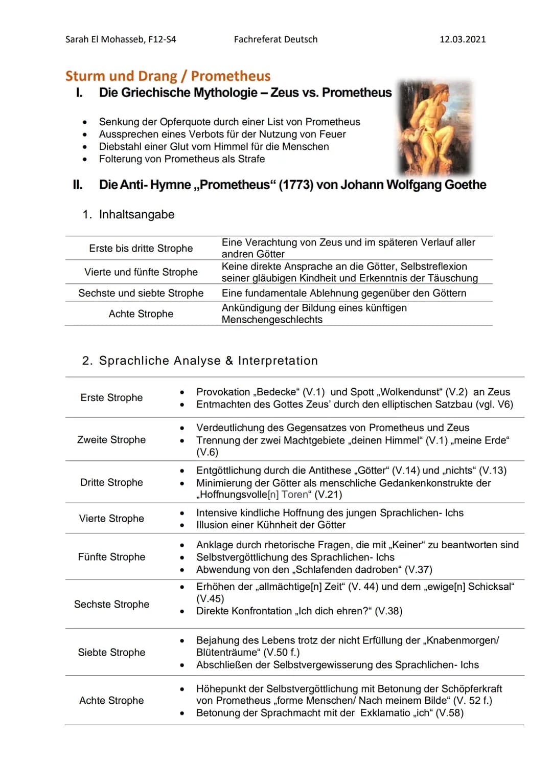 Sarah El Mohasseb, F12-S4
Sturm und Drang / Prometheus
I.
●
II.
Die Griechische Mythologie - Zeus vs. Prometheus
1. Inhaltsangabe
Senkung de