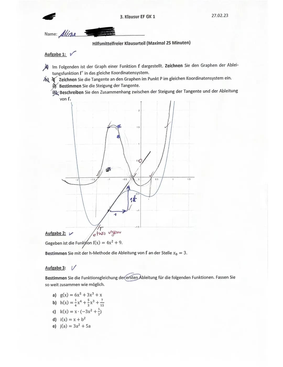 Ganzrationale Funktionen, erste Ableitung, Max, min und Tangente, Klausur 1+