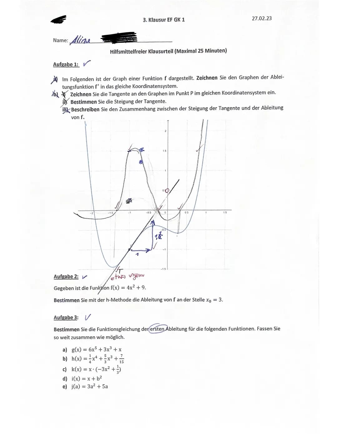 Name: Alins
Aufgabe 1:
3. Klausur EF GK 1
Hilfsmittelfreier Klausurteil (Maximal 25 Minuten)
Im Folgenden ist der Graph einer Funktion f dar
