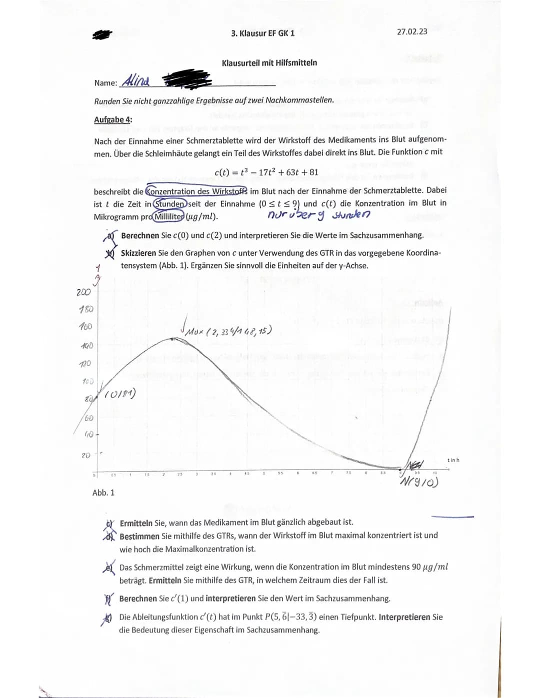 Name: Alins
Aufgabe 1:
3. Klausur EF GK 1
Hilfsmittelfreier Klausurteil (Maximal 25 Minuten)
Im Folgenden ist der Graph einer Funktion f dar