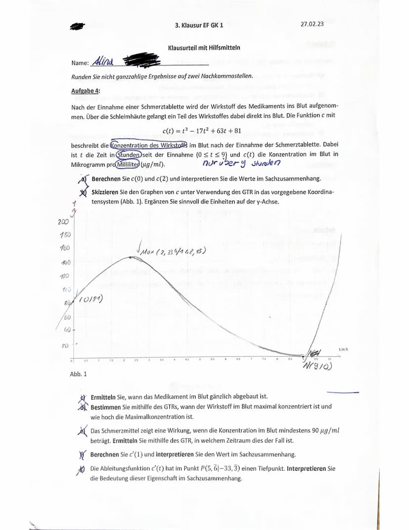 Name: Alins
Aufgabe 1:
3. Klausur EF GK 1
Hilfsmittelfreier Klausurteil (Maximal 25 Minuten)
Im Folgenden ist der Graph einer Funktion f dar