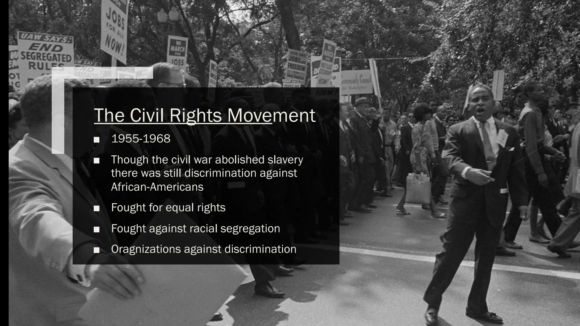 MARCH
NOW!
WE
MARCH
JOBS
MARTIN LUTHER
DEMAND
AN ENL
WE
POLICE MARCH
BRUTALIT
TIZENS
KING
Civil Rights Movement Structure
Martin Luther King