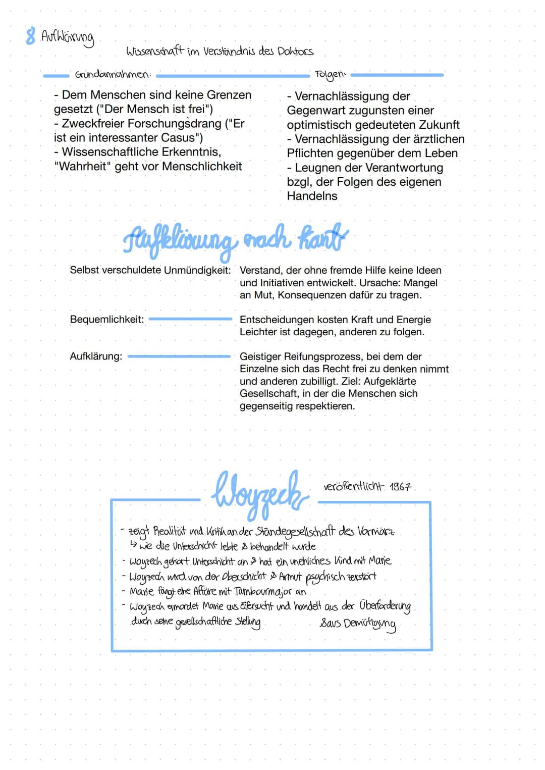 Woyzeck Lernzettel
Idealismus (Doktor, Hauptmann)
Denken und Handeln nach Idealen
- Die Welt zu sehen wie sie sein sollte, nicht wie sie ist