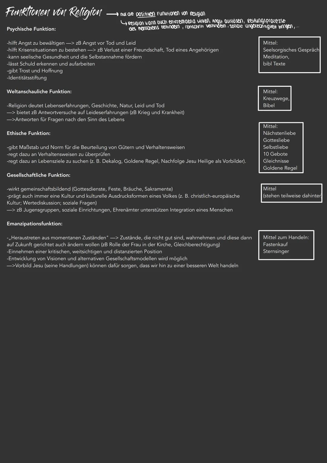 Funktionen von Religion
Psychische Funktion:
-hilft Angst zu bewältigen -> zB Angst vor Tod und Leid
-hilft Krisensituationen zu bestehen ->