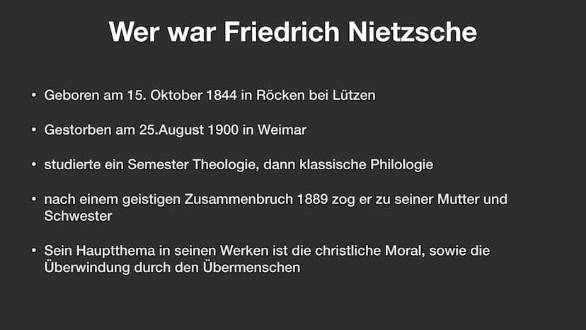 Friedrich Nietzsche ●
●
Seine Gottesvorstellung
• Seine Religionskritik
●
●
• Der Übermensch
●
Wer war Friedrich Nietzsche
●
Inhaltsverzeich