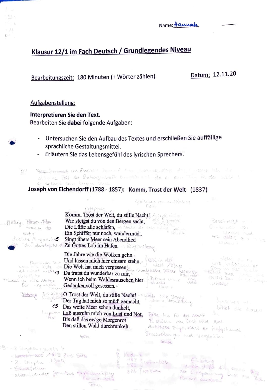 DH
73.
Klausur 12/1 im Fach Deutsch/Grundlegendes Niveau
Bearbeitungszeit: 180 Minuten (+ Wörter zählen)
Aufgabenstellung:
Interpretieren Si