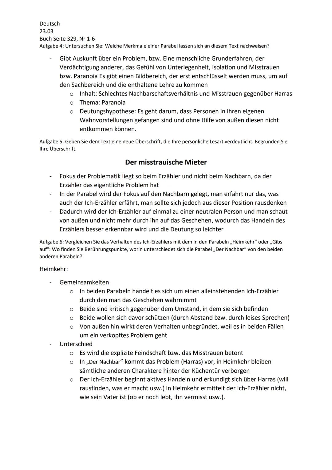 Deutsch
23.03
Buch Seite 329, Nr 1-6
Der Nachbar
Aufgabe 1: Welchen Eindruck haben Sie von der Persönlichkeit des Ich-Erzählers zu Beginn de