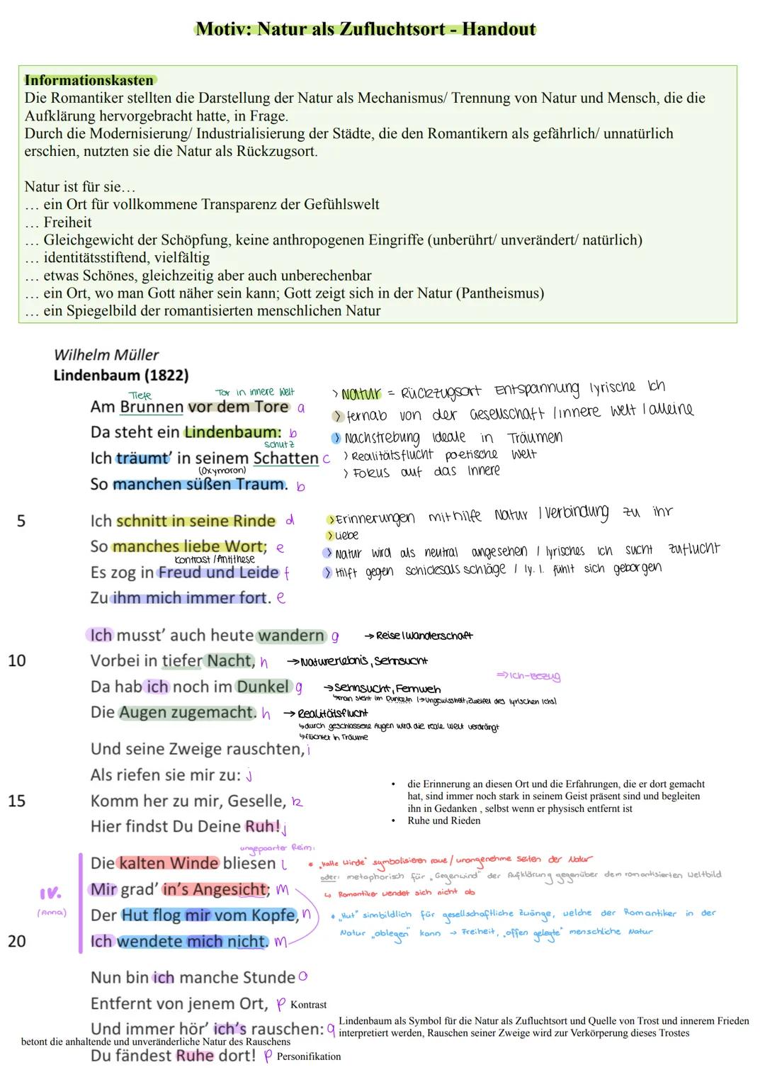 Informationskasten
Die Romantiker stellten die Darstellung der Natur als Mechanismus/ Trennung von Natur und Mensch, die die
Aufklärung herv