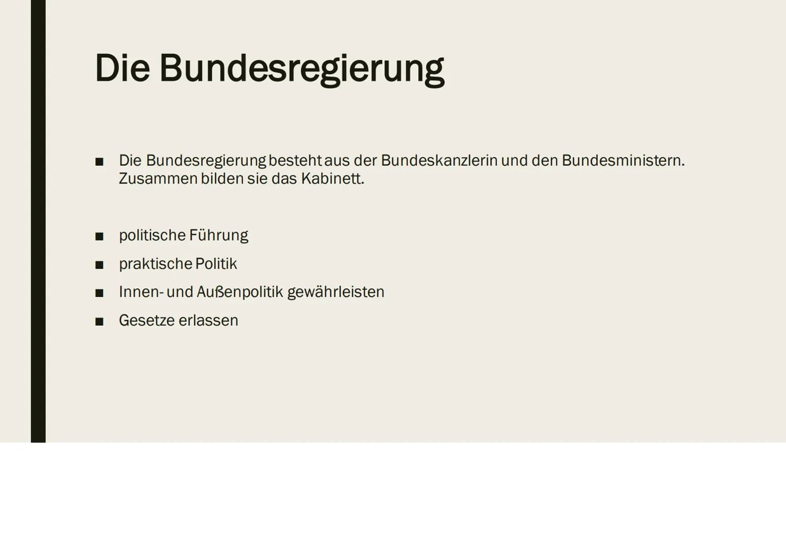 DIE
BUNDESREGIERUNG Gliederung
■
Die Bundesregierung
■ Artikel 65
■ Kanzlerprinzip, Ressortprinzip, Kollegialprinzip
■ Die Bundesminister
Di