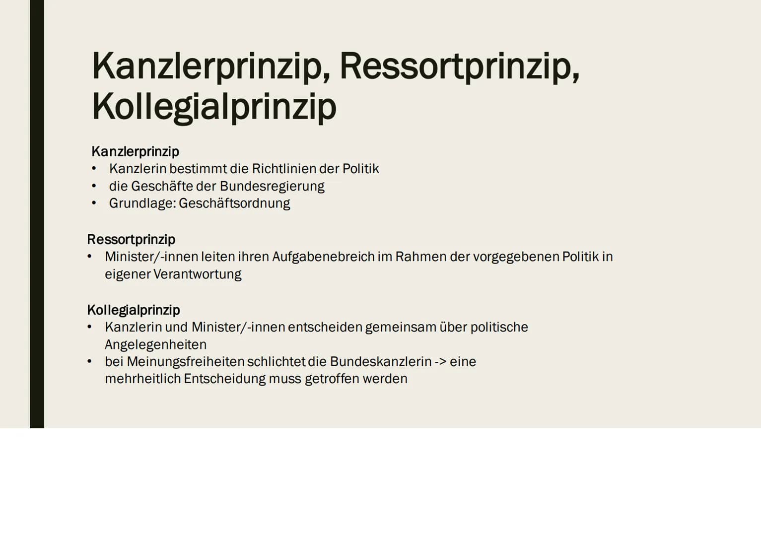 DIE
BUNDESREGIERUNG Gliederung
■
Die Bundesregierung
■ Artikel 65
■ Kanzlerprinzip, Ressortprinzip, Kollegialprinzip
■ Die Bundesminister
Di
