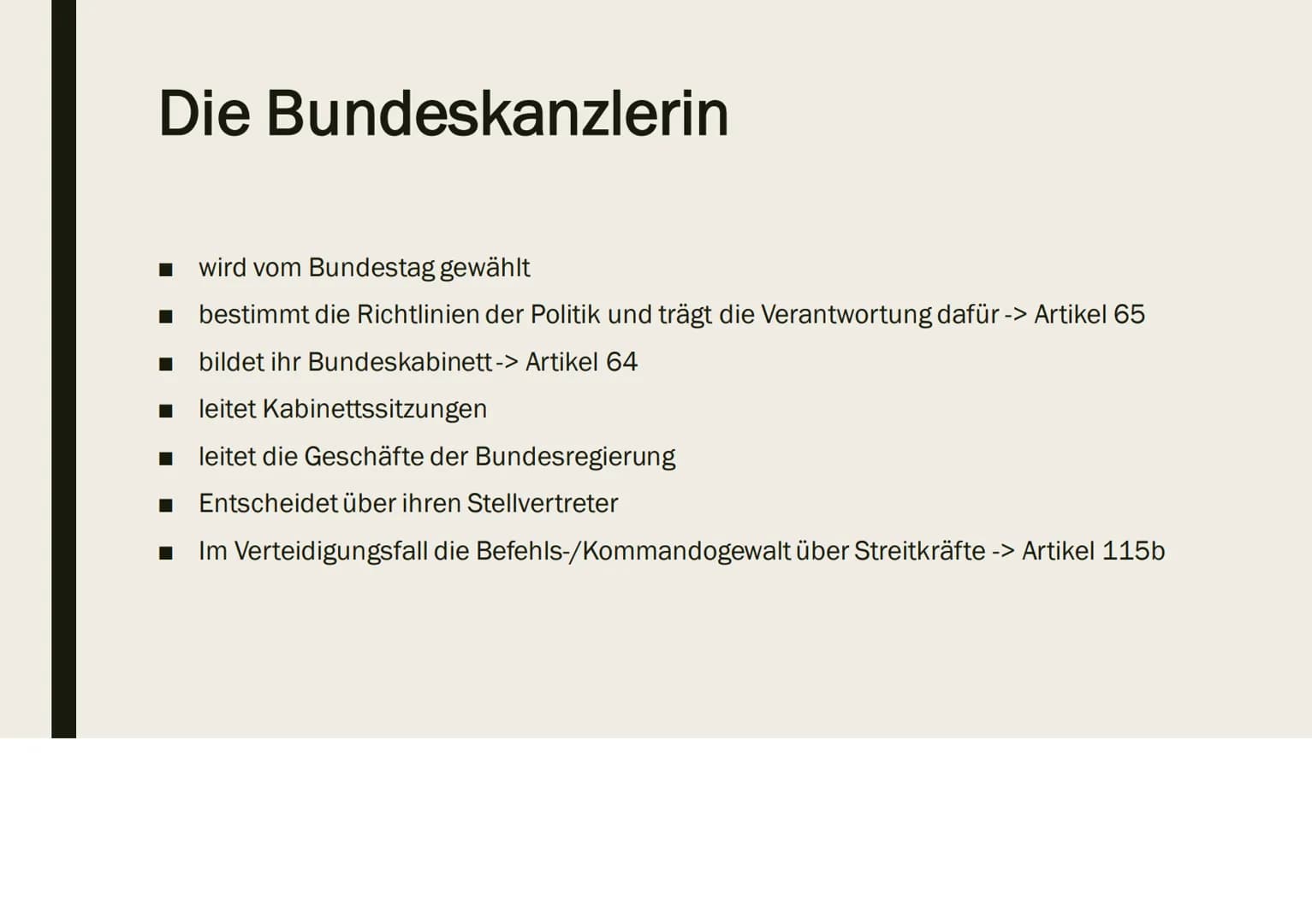 DIE
BUNDESREGIERUNG Gliederung
■
Die Bundesregierung
■ Artikel 65
■ Kanzlerprinzip, Ressortprinzip, Kollegialprinzip
■ Die Bundesminister
Di