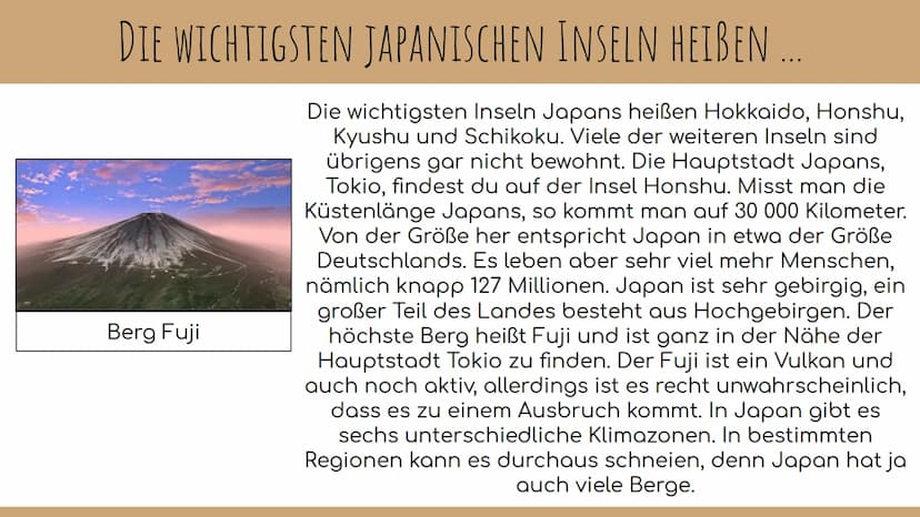 JAPAN INFOS ZUM LAND
Fläche: 377.915 km
Einwohner: ca. 125.507.472
Hauptstadt: Tokio
Amtssprache: Japanisch
Währung: Yen
Telefonvorwahl: +81