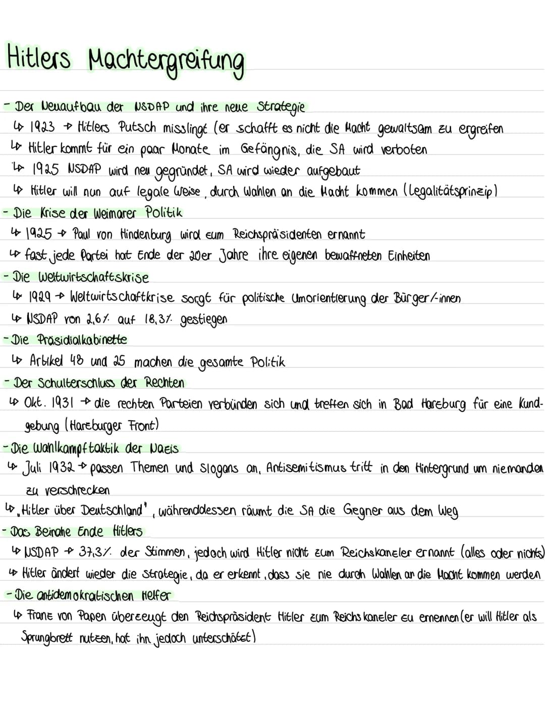 Hitlers Machtergreifung
- Der Neuaufbau der USDAP und ihre neue Strategie
4 1923 → Hitlers Putsch misslingt (er schafft es nicht die Macht g
