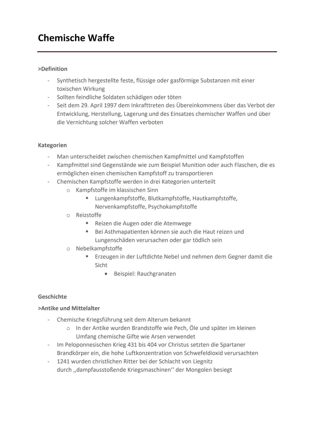 Fazit
Materialien
Todesursache oder
Verletzung
Opfer
Preis
Wirkung
Biologische Waffe
Effektivität
Bakterien oder Viren
Krankheit
Kein direkt