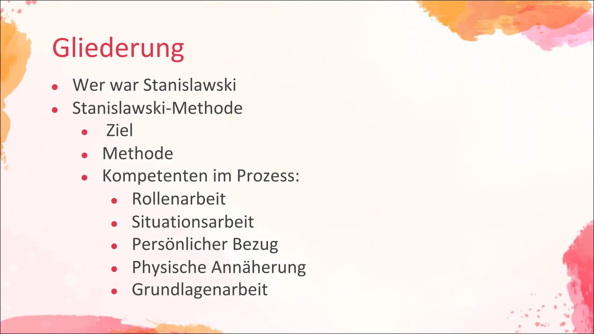 1. Aufwärmspiel
Fast Food
Stanislawski Vorgehen:
1. Ziehe eine Rolle; Beispiel:
2. Schritt:
Du willst den anderen verführen
Du bist ein Nerd