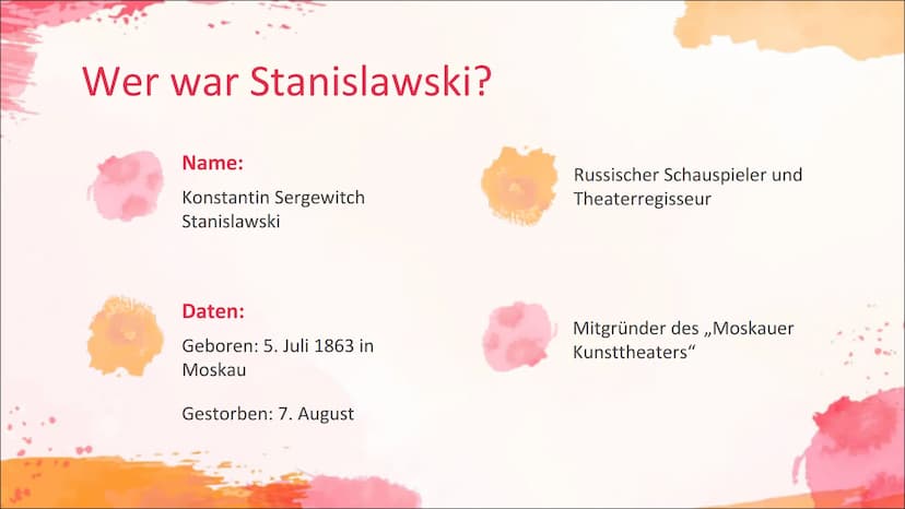 1. Aufwärmspiel
Fast Food
Stanislawski Vorgehen:
1. Ziehe eine Rolle; Beispiel:
2. Schritt:
Du willst den anderen verführen
Du bist ein Nerd