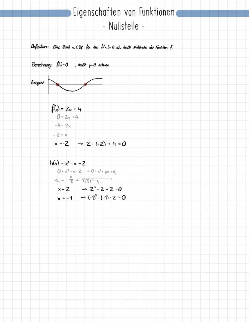 DIFFERENTIAL - ♡ Berechnung: fix)-0
Definition: Eine Zahl x. EDF für die f(x)=0 ist, heißt Nullstelle der Funktion f.
Beispiel:
&
Eigenschaf