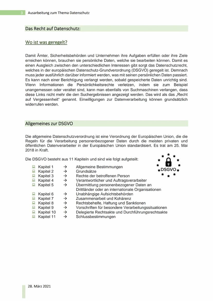 Ausarbeitung zum Thema
Datenschutz
28.3.2021 1 Ausarbeitung zum Thema Datenschutz
Inhaltsverzeichnis
Was ist Datenschutz?
Was sind personenb