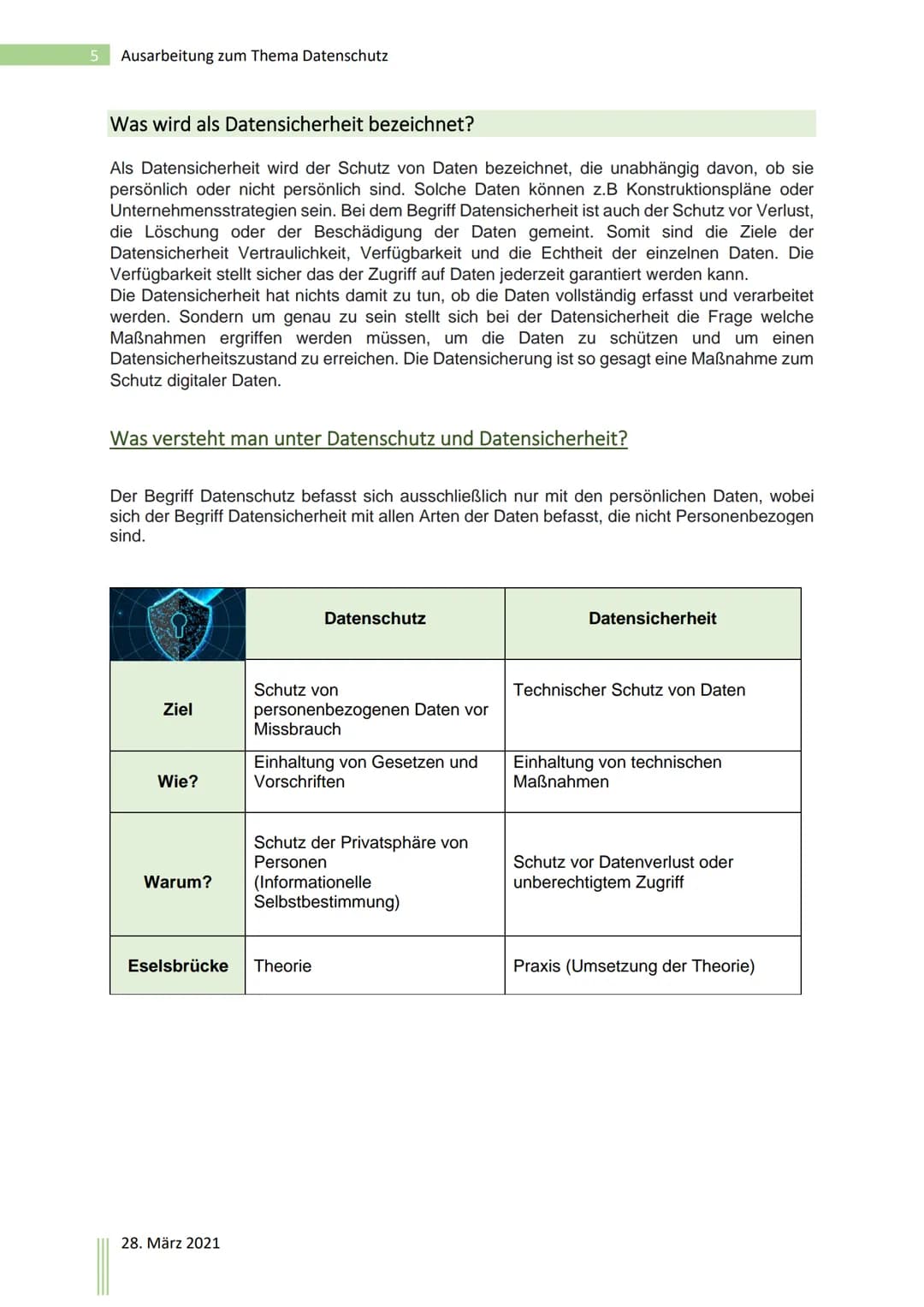 Ausarbeitung zum Thema
Datenschutz
28.3.2021 1 Ausarbeitung zum Thema Datenschutz
Inhaltsverzeichnis
Was ist Datenschutz?
Was sind personenb