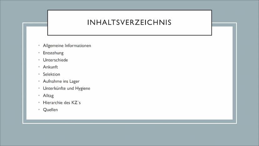 KZ - AUSCHWITZ ●
●
●
●
●
INHALTSVERZEICHNIS
Allgemeine Informationen
Entstehung
Unterschiede
Ankunft
Selektion
Aufnahme ins Lager
Unterkünft