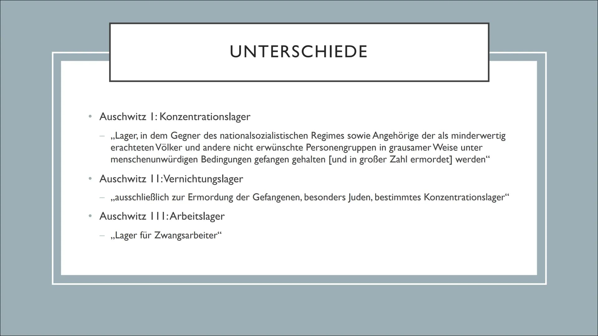 KZ - AUSCHWITZ ●
●
●
●
●
INHALTSVERZEICHNIS
Allgemeine Informationen
Entstehung
Unterschiede
Ankunft
Selektion
Aufnahme ins Lager
Unterkünft
