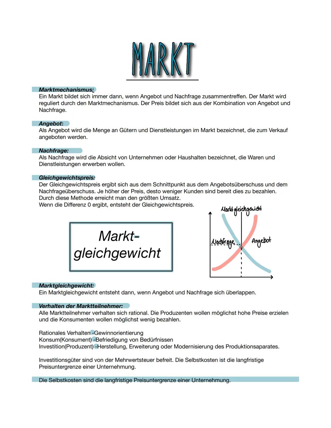 # MARKT

Marktmechanismus:
Ein Markt bildet sich immer dann, wenn Angebot und Nachfrage zusammentreffen. Der Markt wird
reguliert durch den 