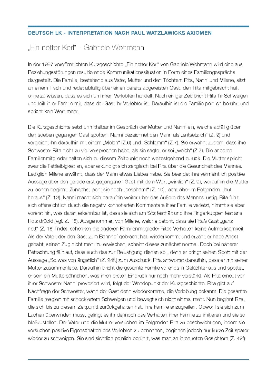 Ein netter Kerl Analyse & Musterlösung - Gabriele Wohmann Kurzgeschichte