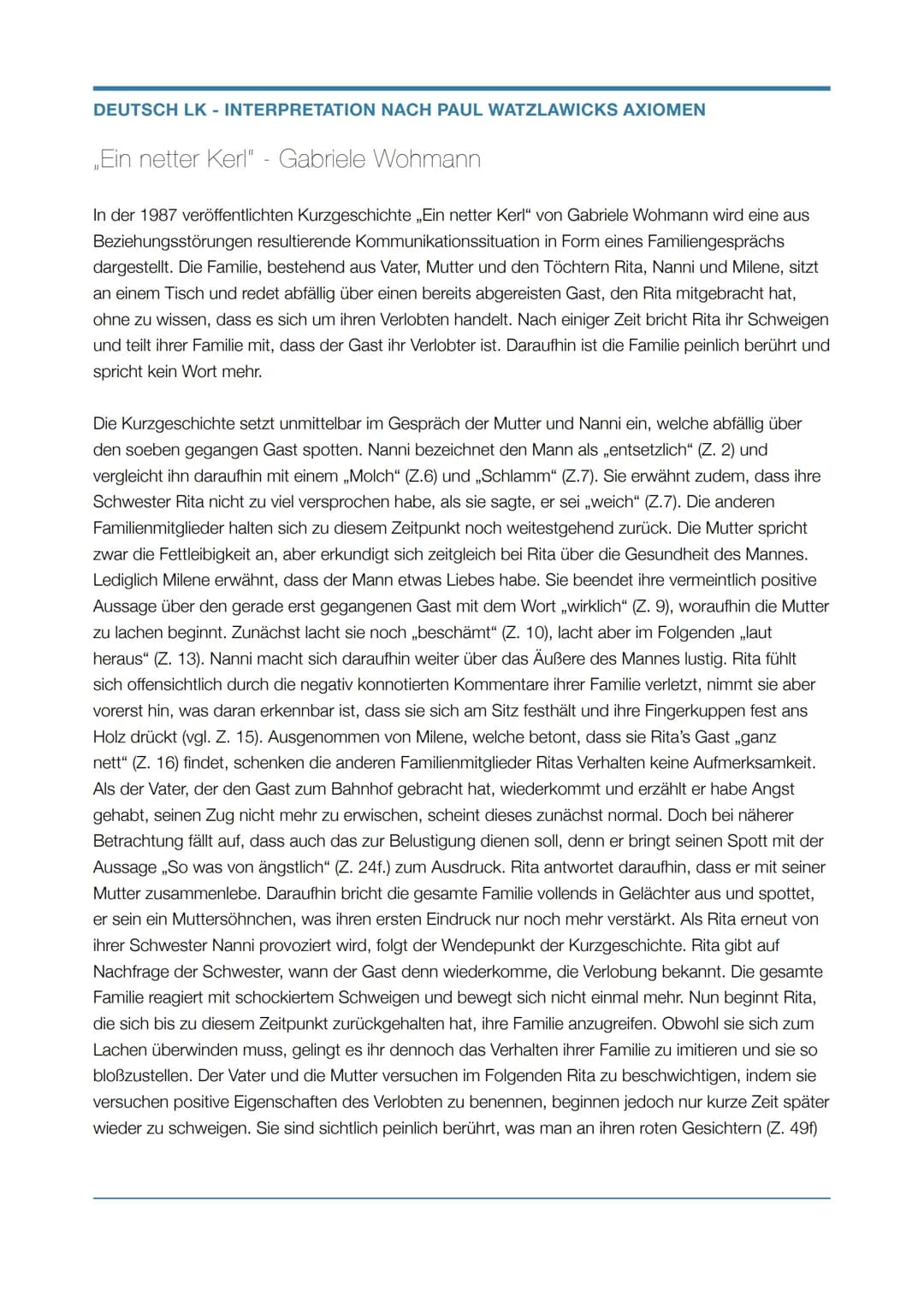 DEUTSCH LK - INTERPRETATION NACH PAUL WATZLAWICKS AXIOMEN
„Ein netter Kerl" - Gabriele Wohmann
In der 1987 veröffentlichten Kurzgeschichte ,