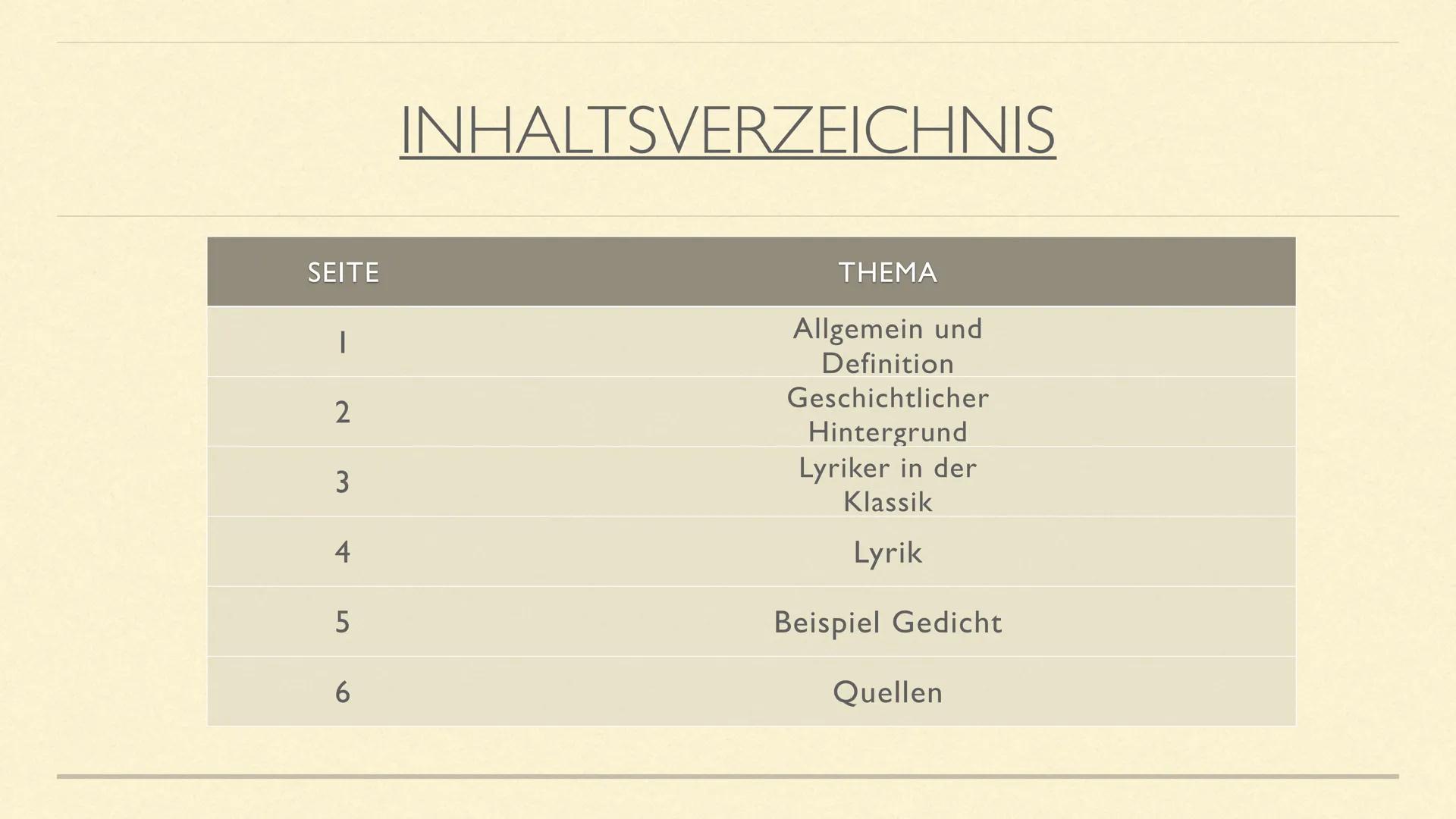(WEIMARER) KLASSIK
von Aaron und Matthi SEITE
I
2
3
4
5
6
INHALTSVERZEICHNIS
THEMA
Allgemein und
Definition
Geschichtlicher
Hintergrund
Lyri