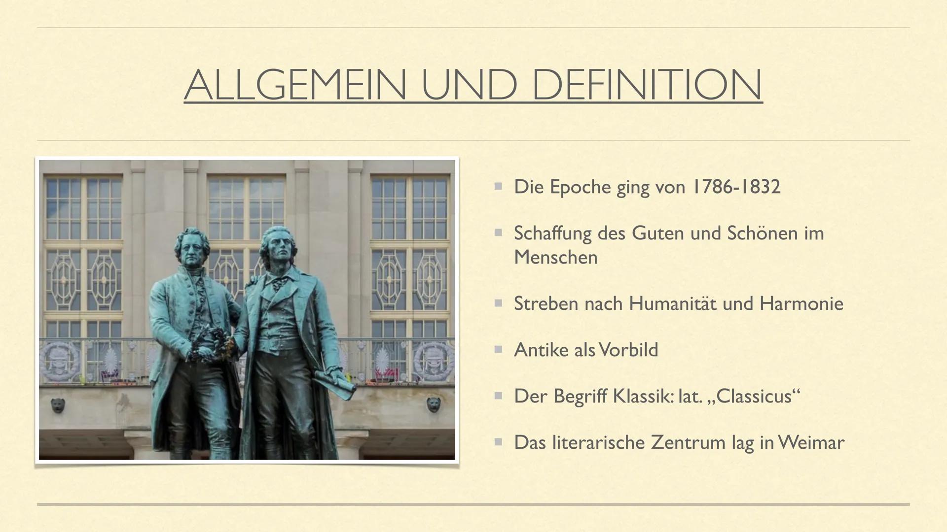 (WEIMARER) KLASSIK
von Aaron und Matthi SEITE
I
2
3
4
5
6
INHALTSVERZEICHNIS
THEMA
Allgemein und
Definition
Geschichtlicher
Hintergrund
Lyri