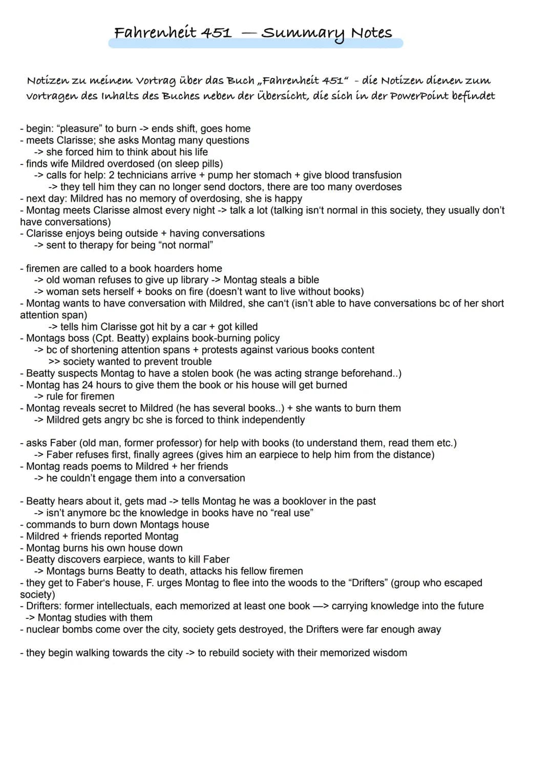 Fahrenheit 451 - Summary Notes
Notízen zu meinem Vortrag über das Buch „Fahrenheit 451" - die Notízen dienen zum
vortragen des Inhalts des B