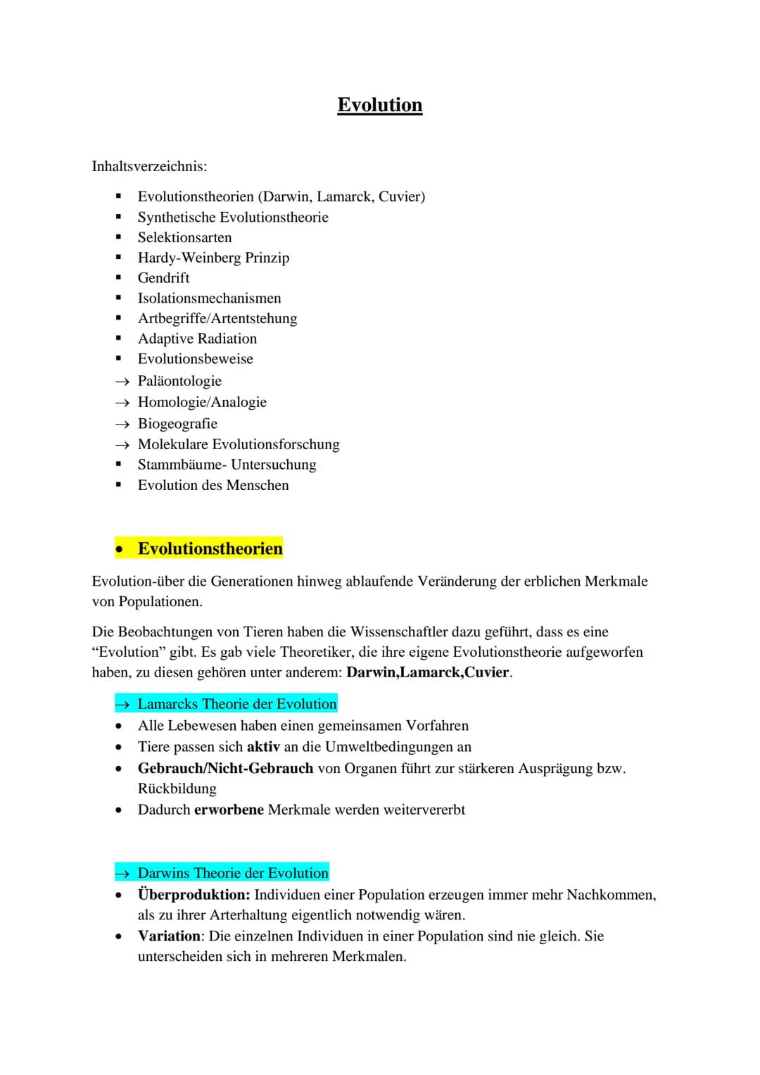 Inhaltsverzeichnis:
Evolutionstheorien (Darwin, Lamarck, Cuvier)
Synthetische Evolutionstheorie
Selektionsarten
Hardy-Weinberg Prinzip
Gendr