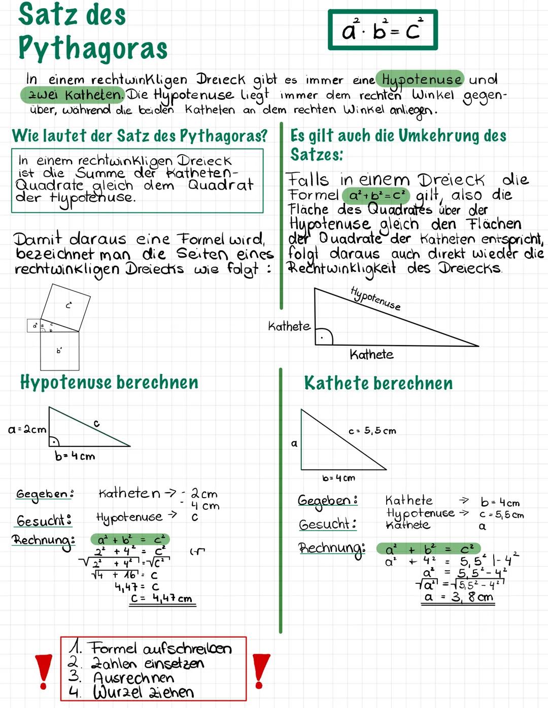Satz des
Pythagoras
use und
In einem rechtwinkligen Dreieck gibt es immer eine Hypotenus
zwei Katheten. Die Hypotenuse liegt immer dem recht