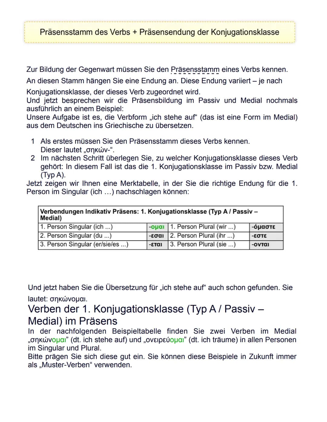 Präsensstamm des Verbs + Präsensendung der Konjugationsklasse
Zur Bildung der Gegenwart müssen Sie den Präsensstamm eines Verbs kennen.
An d