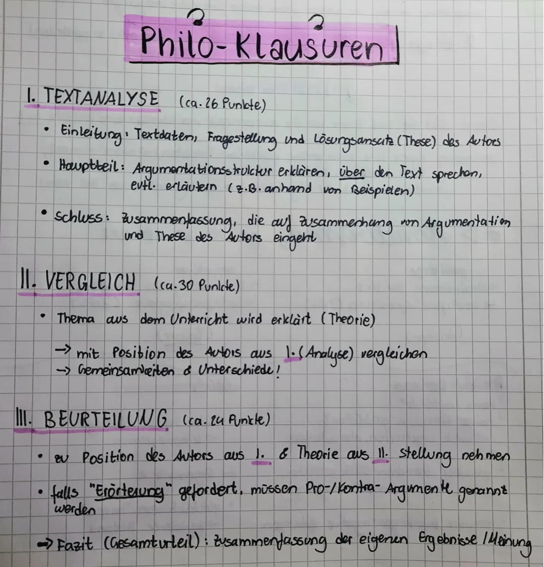 Philo-Klausuren
1. TEXTANALYSE (ca. 26 Punkte)
Einleitung: Textdaten, Fragestellung und Lösungsansatz (These) des Autors
Hauptteil: Argument