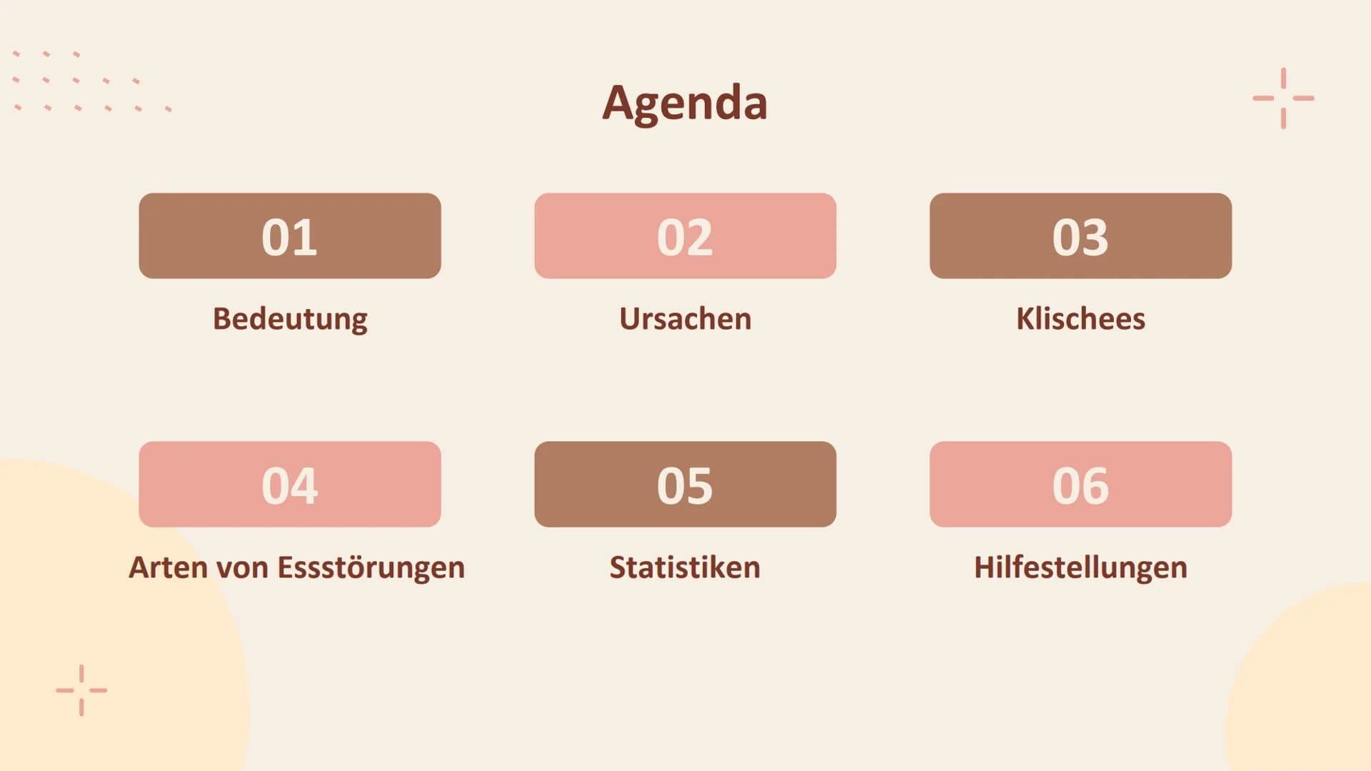 Essstörungen
g 1-
01
Bedeutung
04
Arten von Essstörungen
Agenda
02
Ursachen
05
Statistiken
03
Klischees
06
Hilfestellungen 1-
01
Essstörunge