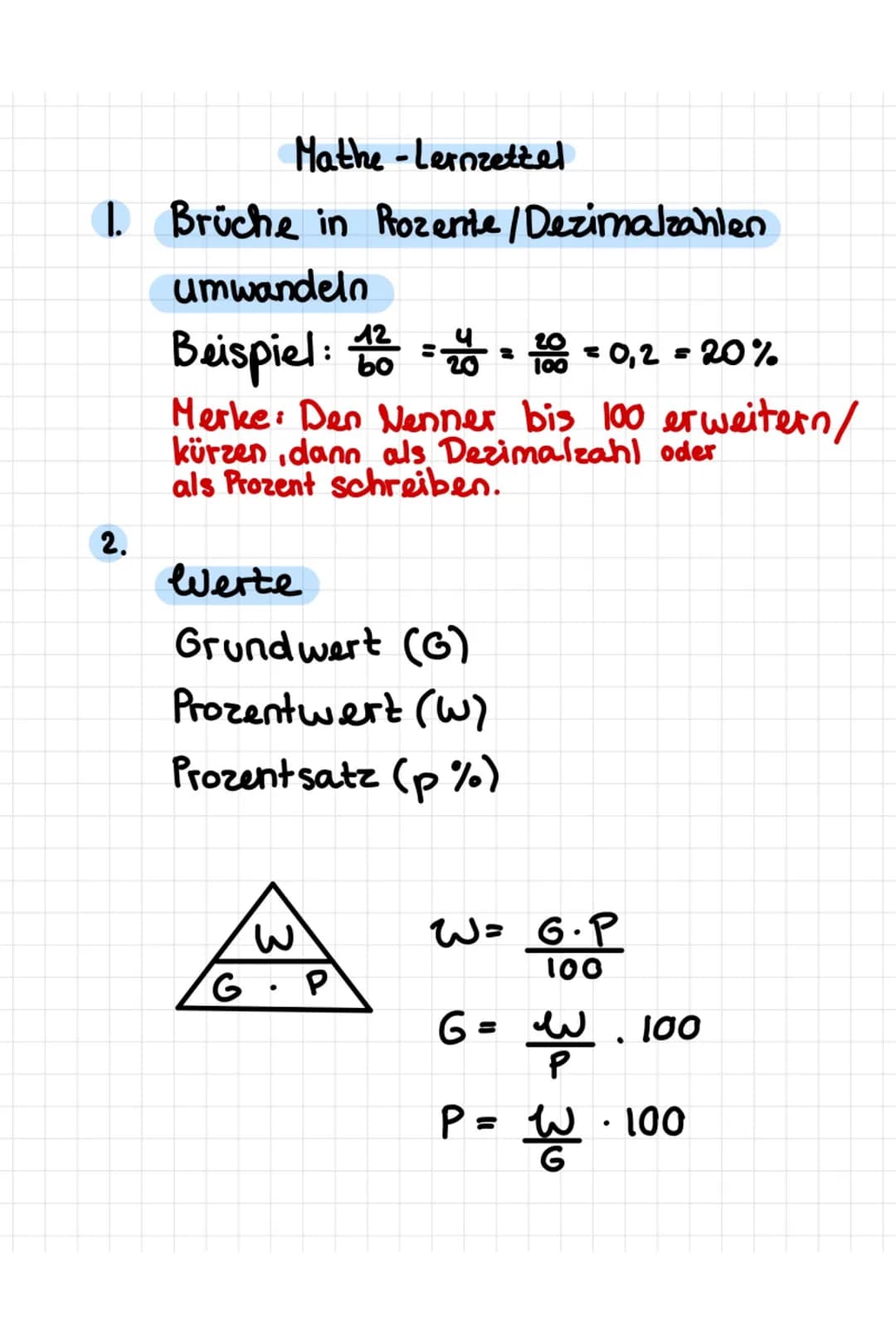Mathe-Lernzettel
1. Brüche in Prozente/Dezimalzahlen
umwandeln
Beispiel: 120 = 20 = 100 =0,2 = 20%
Merke: Den Nenner bis 100 erweitern/
kürz