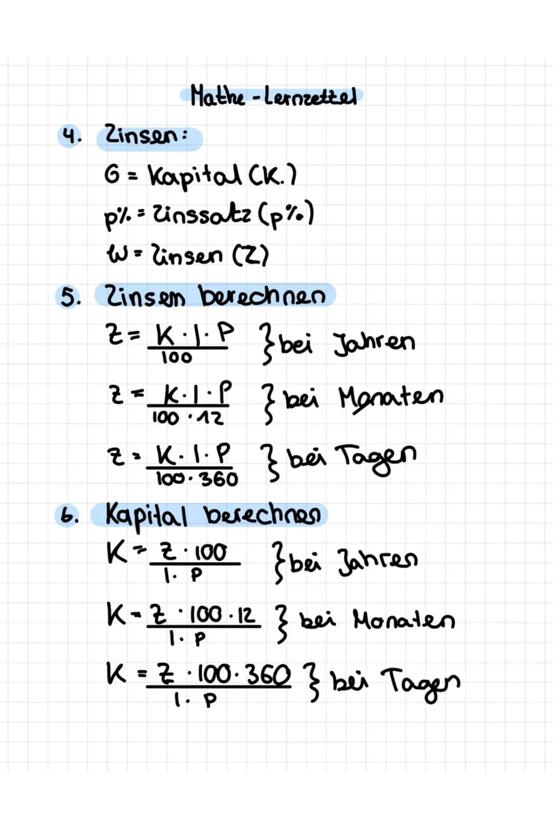 Mathe-Lernzettel
1. Brüche in Prozente/Dezimalzahlen
umwandeln
Beispiel: 120 = 20 = 100 =0,2 = 20%
Merke: Den Nenner bis 100 erweitern/
kürz