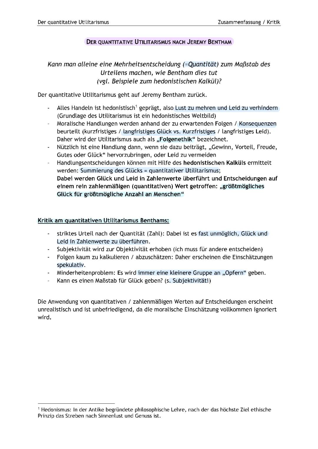 Einfacher Quantitativer Utilitarismus nach Bentham - Beispiele und Kritik