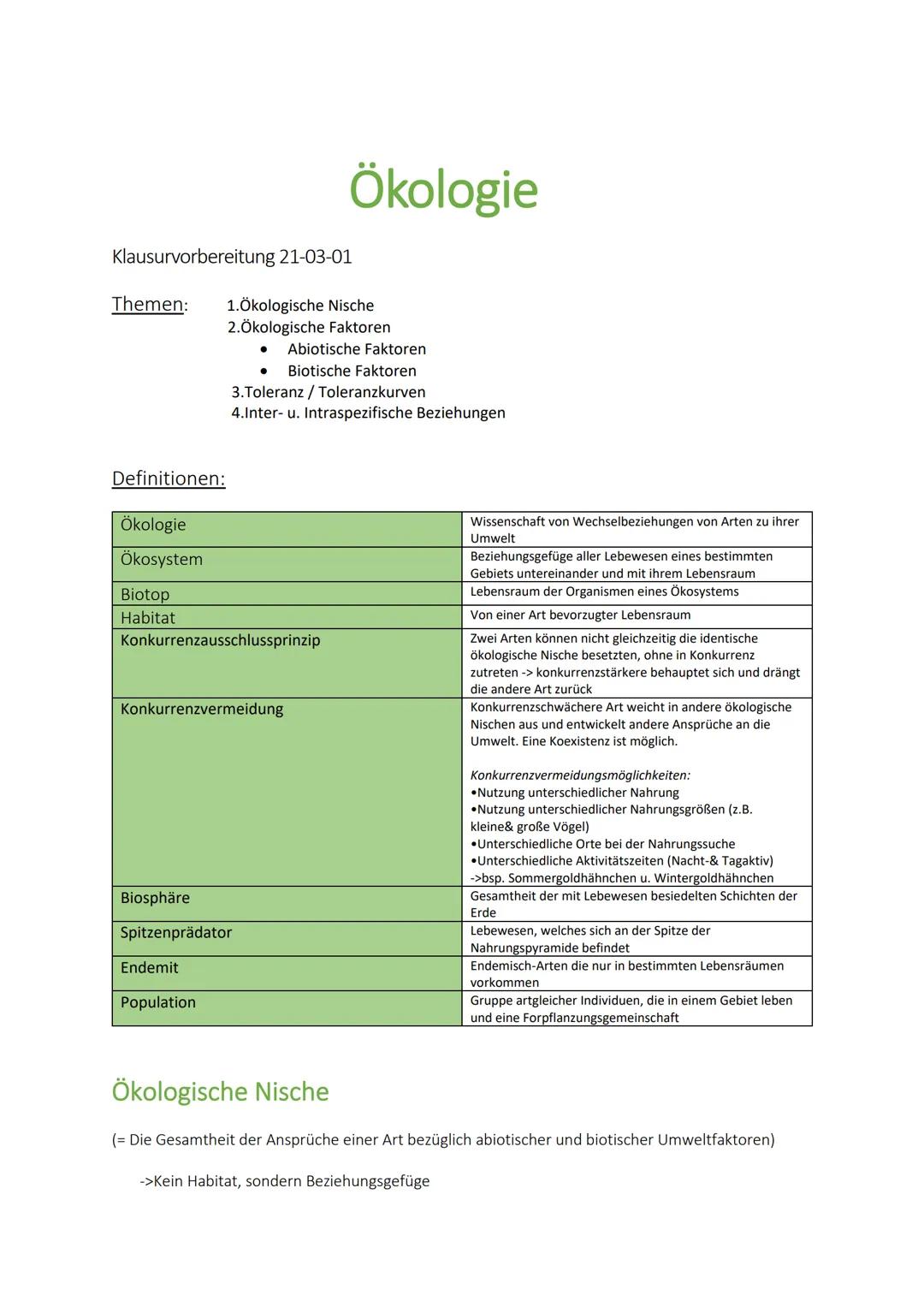 Klausurvorbereitung 21-03-01
Themen: 1.Ökologische Nische
2.Ökologische Faktoren
Definitionen:
Ökologie
Ökosystem
Biotop
Habitat
Konkurrenza