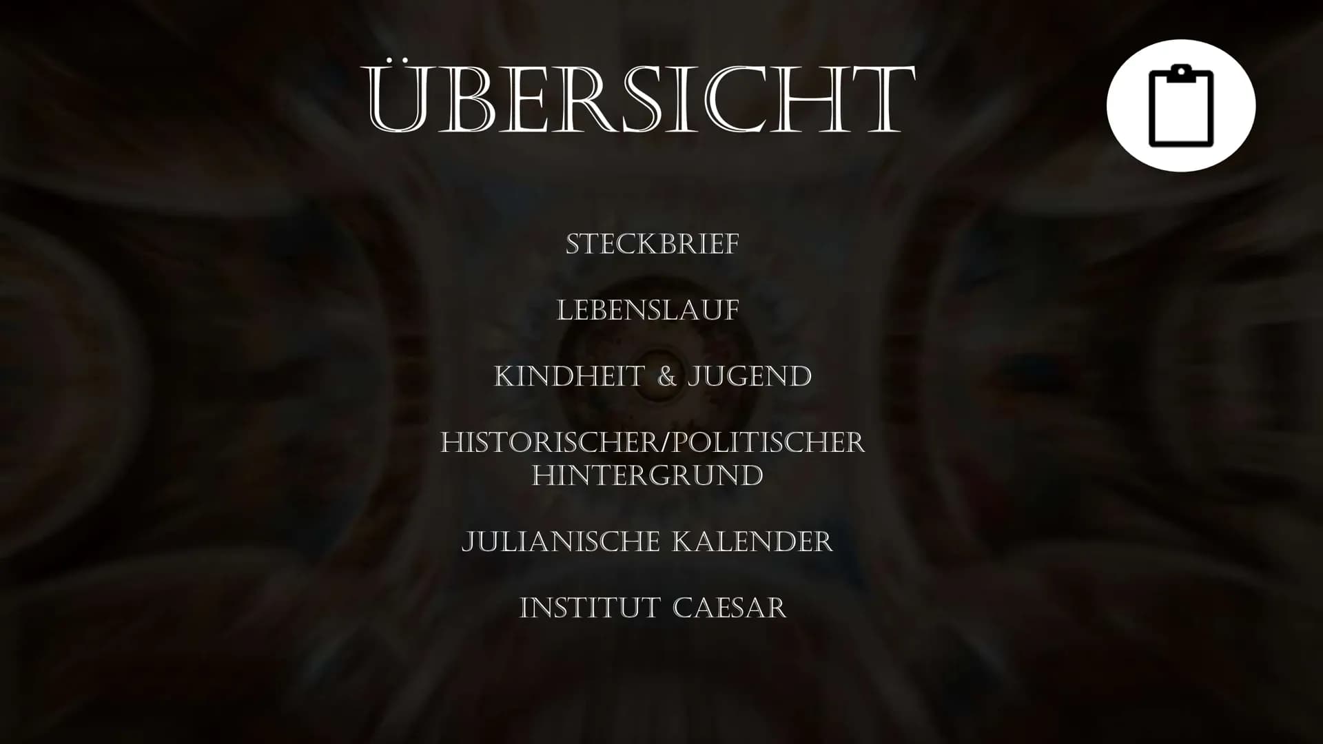 JULIUS
CAESAR ÜBERSICHT
STECKBRIEF
LEBENSLAUF
KINDHEIT & JUGEND
HISTORISCHER/POLITISCHER
HINTERGRUND
JULIANISCHE KALENDER
INSTITUT CAESAR
1 