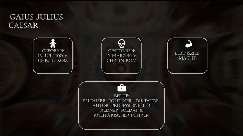 JULIUS
CAESAR ÜBERSICHT
STECKBRIEF
LEBENSLAUF
KINDHEIT & JUGEND
HISTORISCHER/POLITISCHER
HINTERGRUND
JULIANISCHE KALENDER
INSTITUT CAESAR
1 