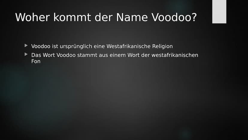 Voodoo
SANAY Herkunft der Religion
Sie leben in Westafrika, Haiti und in Teilen Amerikas
► Ist in Westlichen Ländern bekannt
Durch die Sklav