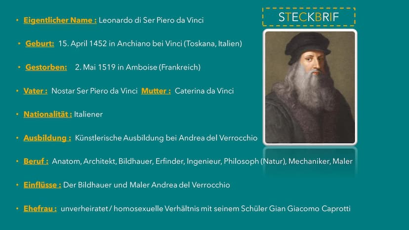 Leonardo da Vinci
Von : Marah Aljohmani und Yara Aljohmani Gliederung
Steckbrief
Rolle in der Renaissance
Da Vincis wichtigste Entdeckungen
