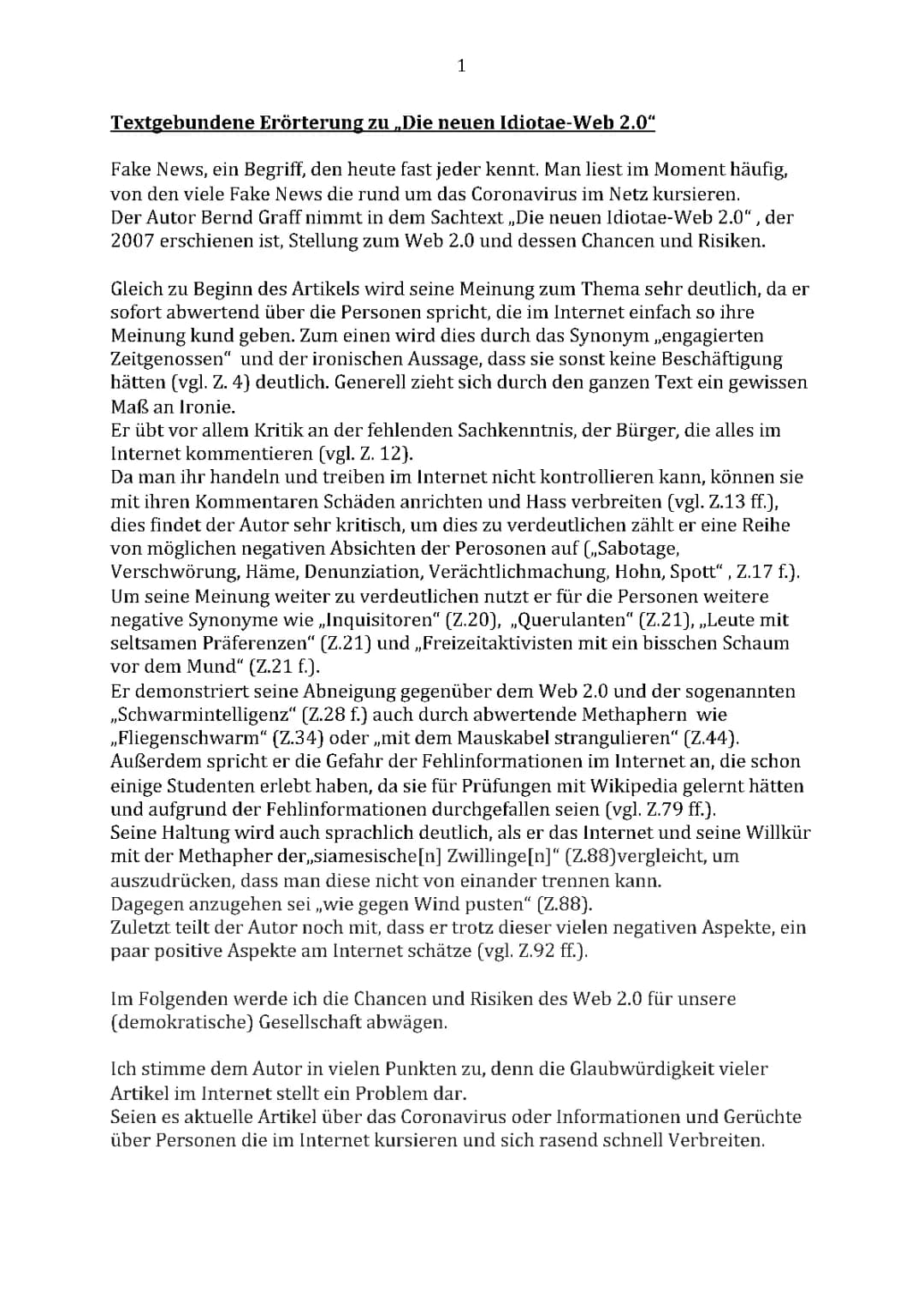 Chancen und Risiken digitaler Medien: Textgebundene Erörterung zu Web 2.0 (2 1/2 Seiten)