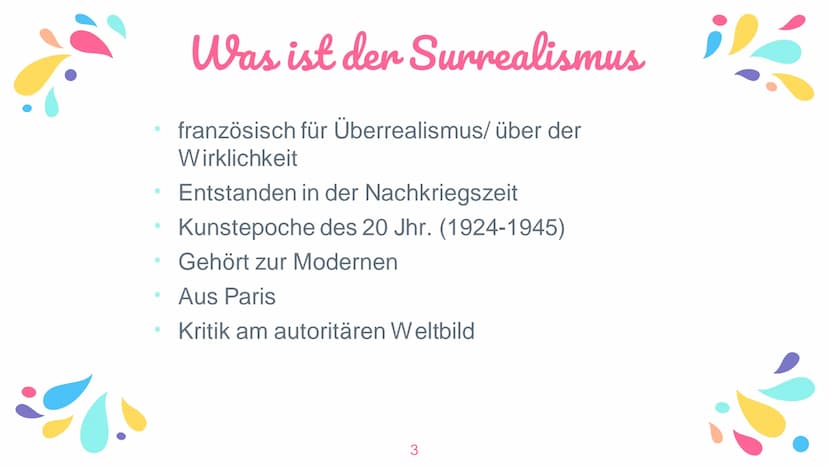 Surrealismus
24.11.2021 **
*
*
* Ziele
*
Techniken
Verschiedene Stilrichtungen
* Max Ernst
*
*
Was ist der Surrealismus
Vorläufer des Surrea