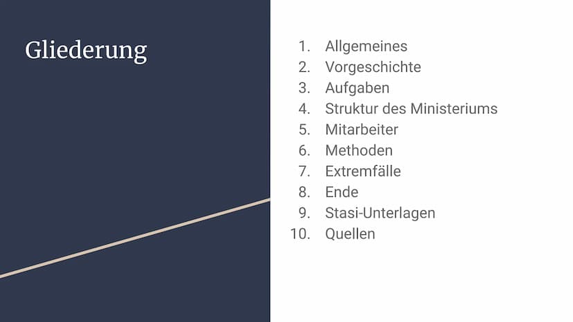 Stasi
Die Staatssicherheit in der DDR
TERIUM FÜR
Abb. 1: Emblem des MfS
STAATSSICHERHEIT Gliederung
1. Allgemeines
2. Vorgeschichte
3. Aufga