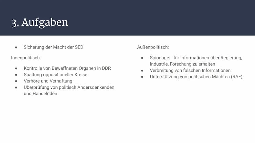 Stasi
Die Staatssicherheit in der DDR
TERIUM FÜR
Abb. 1: Emblem des MfS
STAATSSICHERHEIT Gliederung
1. Allgemeines
2. Vorgeschichte
3. Aufga